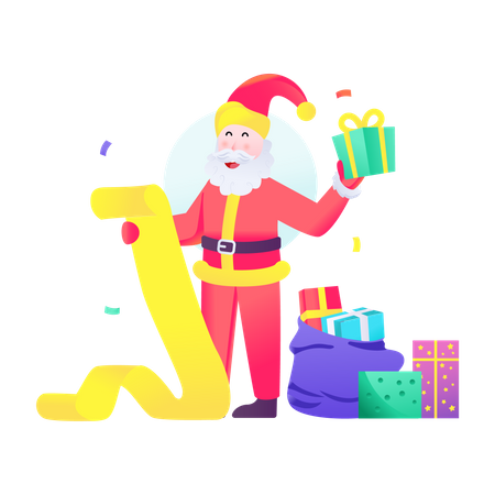 Santa giving gifts according to list  Illustration