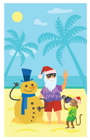 Santa giving pose with sand man and monkey clicking picture  Illustration