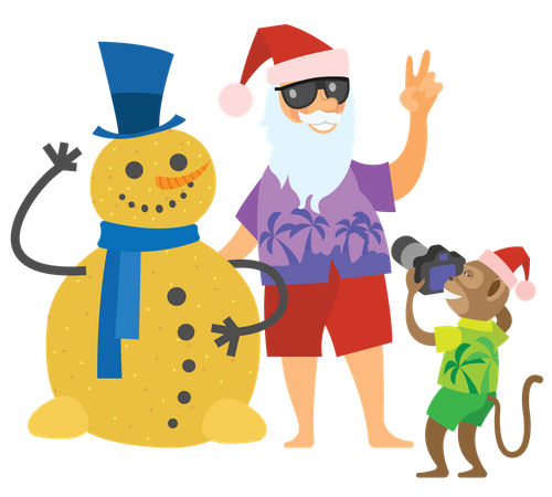 Santa giving pose with sand man and monkey clicking picture Illustration