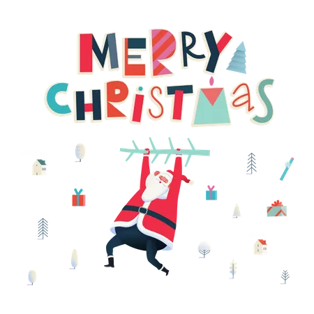 Hanging Santa Claus Merry Christmas And Happy New Year Greeting Card Modern Flat Vector Concept Illustration Of Santa Claus Hanging On His Hands Over The Snow Covered Landscape Houses And Trees イラスト
