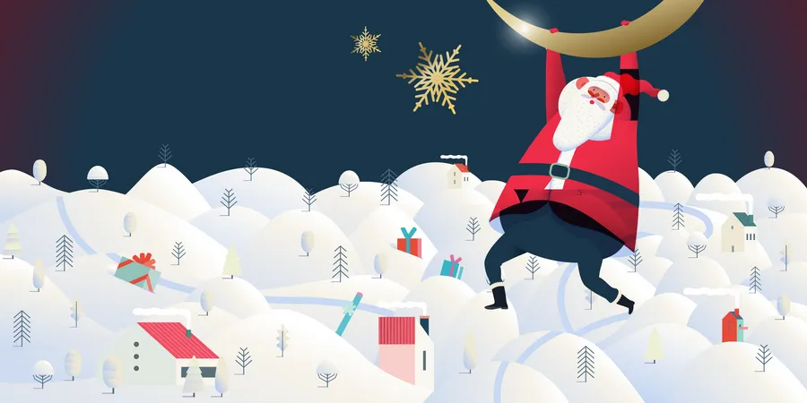 Hanging Santa Claus Christmas And New Year Billboard Modern Flat Vector Concept Illustration Of Cheerful Santa Claus Hanging On The Moon In The Night Starred Sky Over The Snow Covered Hills Illustration