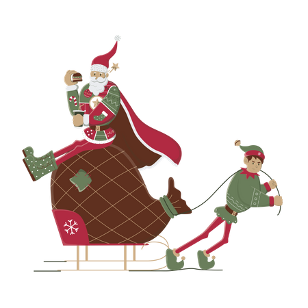 Santa helps the elf to carry sack of gift  Illustration