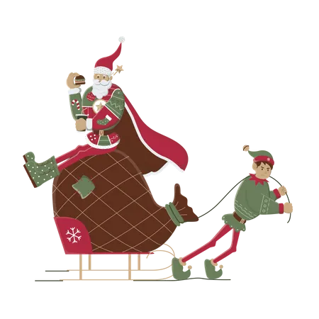 Santa helps the elf to carry sack of gift  Illustration