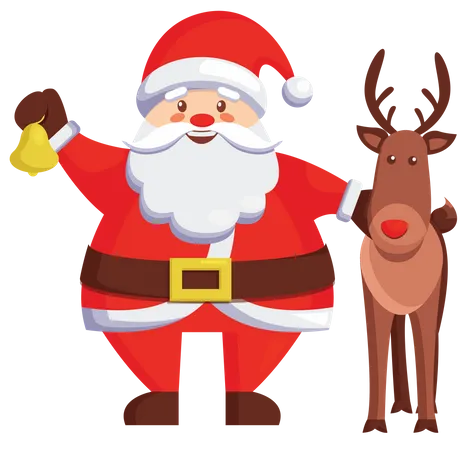 Santa holding bell while standing with reindeer Illustration