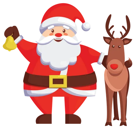 Santa holding bell while standing with reindeer  Illustration