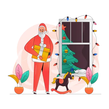 Santa holding Christmas Gift  Illustration