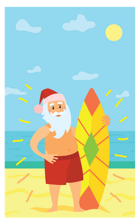 Santa sosteniendo tabla de surf  Ilustración