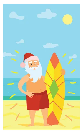 Santa sosteniendo tabla de surf  Ilustración