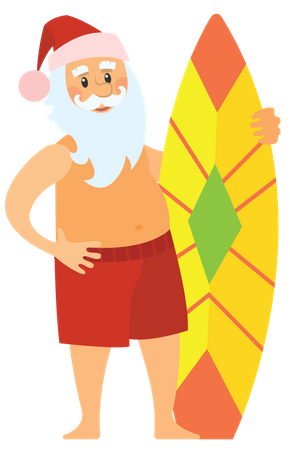 Santa sosteniendo tabla de surf  Ilustración