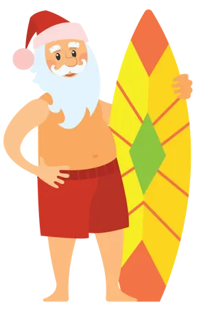 Santa sosteniendo tabla de surf  Ilustración