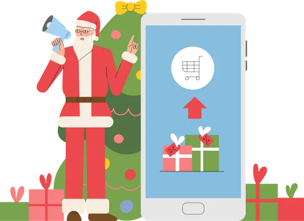 Christmas Or New Year Announce Discounts Sale Smartphone Market Concept Presents For Holiday Isolated Illustration