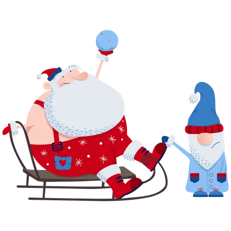 Santa And The Gnome Are Playing Snowballs Illustration