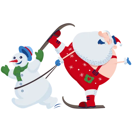 Santa Skiing With A Snowman Illustration