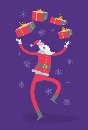 Flat Cartoon Vector Illustration Of A Jolly Character Santa Claus Shows Presents Juggles With Boxes And Dancing Illustration