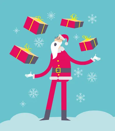 Flat Cartoon Vector Illustration Of A Jolly Character Santa Claus Shows Presents And Juggles With Boxes Illustration