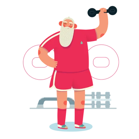 Santa lifting dumbbell in gym  Illustration