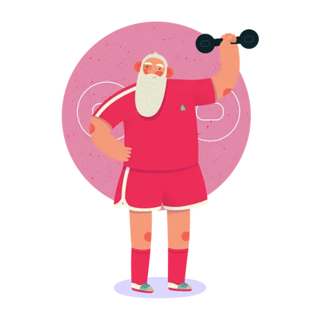 Santa lifting dumbbell in gym  Illustration