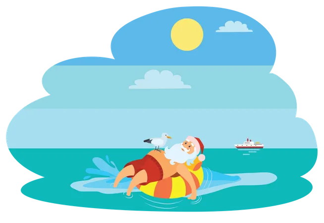 Santa lying on swim ring Illustration
