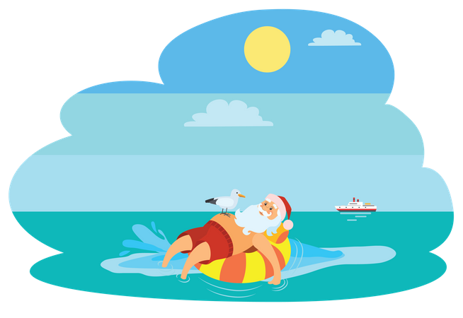 Santa lying on swim ring  Illustration