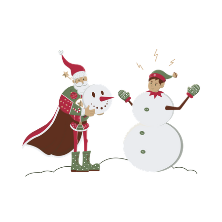 Santa making up elf as snowman  Illustration