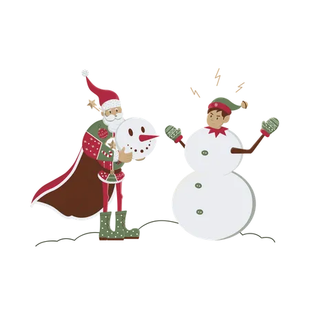 Santa making up elf as snowman  Illustration