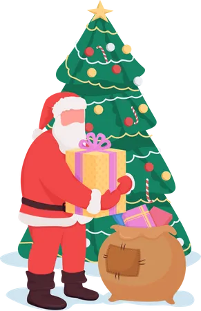 Santa Near Christmas Tree Semi Flat Color Vector Character Dynamic Figure Full Body Person On White Noel Isolated Modern Cartoon Style Illustration For Graphic Design And Animation Illustration