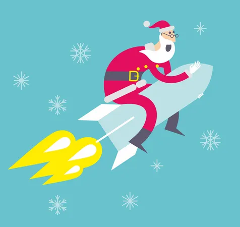 Flat Cartoon Vector Illustration Of A Jolly Character Santa Claus Flying On A Rocket Illustration