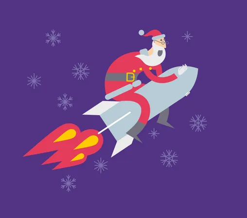 Flat Cartoon Vector Illustration Of A Jolly Character Santa Claus Flying On A Rocket Illustration