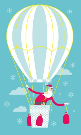 Flat Cartoon Vector Illustration Of A Jolly Character Santa Claus Flies On A Balloon And Throws Top Down Bags Of Gifts Illustration