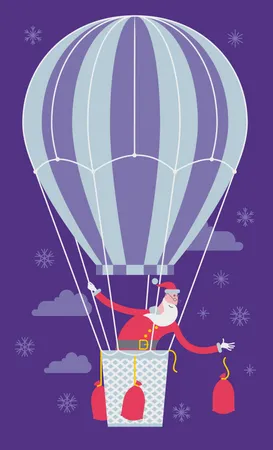 유쾌한 캐릭터의 플랫 만화 벡터 그림 산타클로스는 풍선을 타고 날아가서 하향식 선물 가방을 던집니다 일러스트레이션