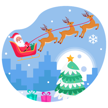 Santa On Reindeer Sleigh  Illustration