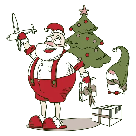 Santa playing with an airplane  Illustration
