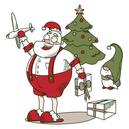 Santa playing with an airplane  Illustration