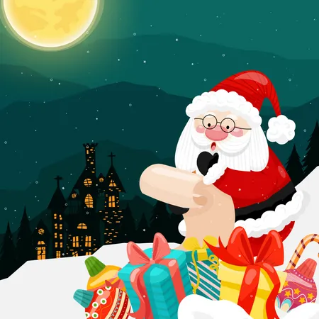 Merry Christmas With Santa Claus And Various Gift Boxes On The Snowy Background With House And Moon As Background Illustration