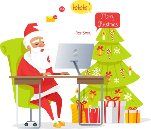 Merry Christmas Web Banner Of Santa Mail Vector Portrait In Cartoon Style Of Happy Santa Claus Sitting At Table Near Decorated Christmas Tree With Gift Boxes And Reading Online Christmas Letters Illustration