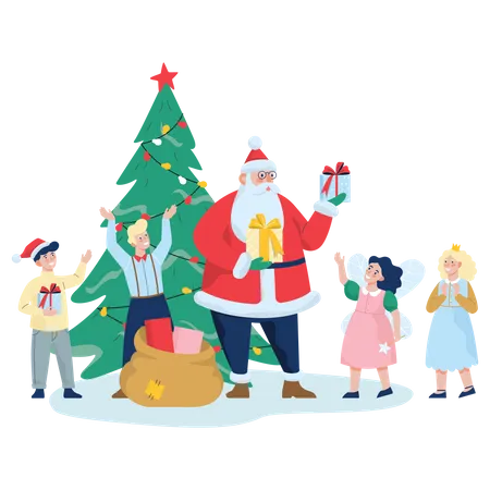 Papá Noel repartiendo regalos de Navidad entre los niños.  Ilustración