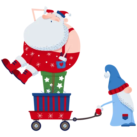 Gnome Carries A Sled With Gifts On A Cart Illustration