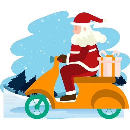 Santa rides scooter  Illustration