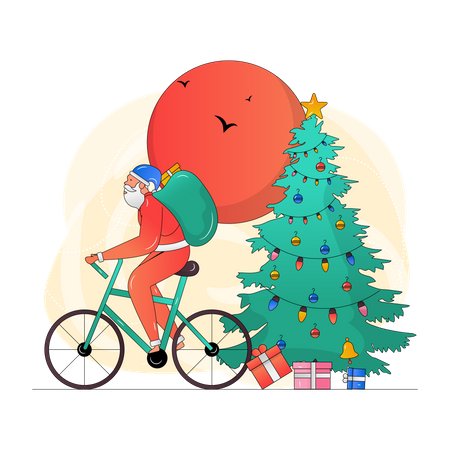 Santa riding bicycle  Illustration