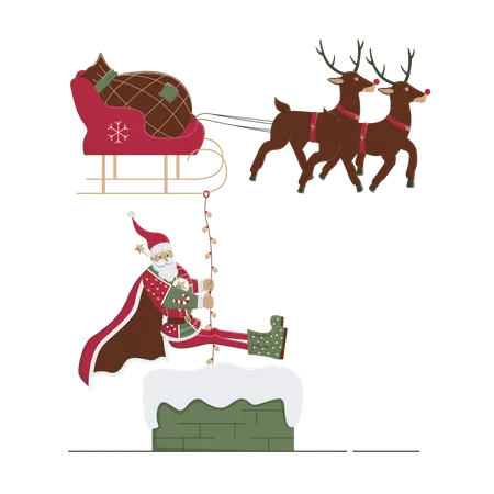 Santa saliendo de la chimenea de la casa  Ilustración