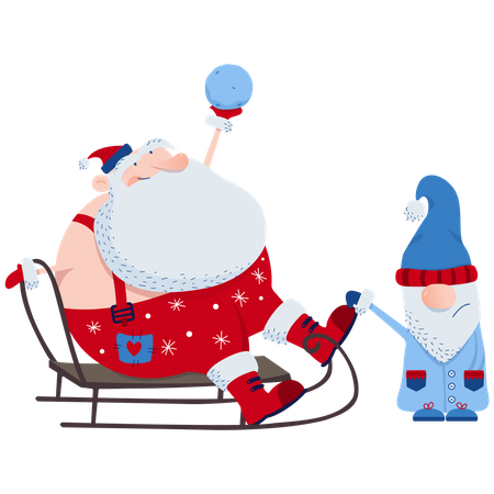 Papá Noel se juega con una bola de nieve.  Ilustración