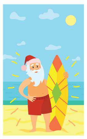 Papai Noel segurando uma prancha de surf  Ilustração