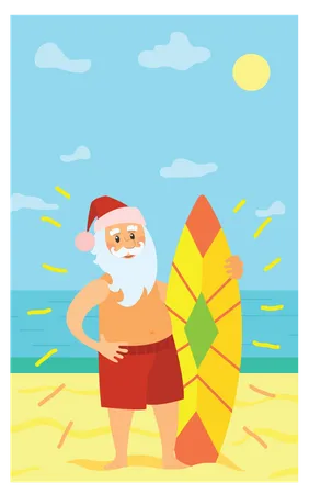 Papai Noel segurando uma prancha de surf  Ilustração