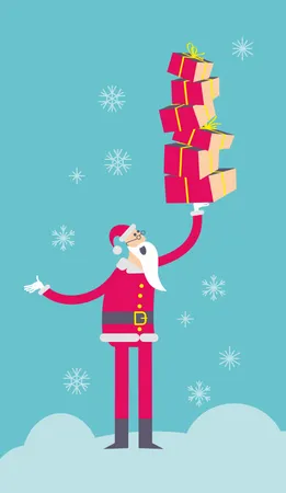 Flat Cartoon Vector Illustration Of A Jolly Character Santa Claus Holding A Lot Of Gifts On One Hand Illustration