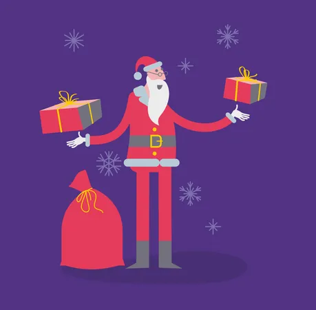Flat Cartoon Vector Illustration Of A Jolly Character Santa Holds Gifts In His Hands Which Gift To Choose Illustration
