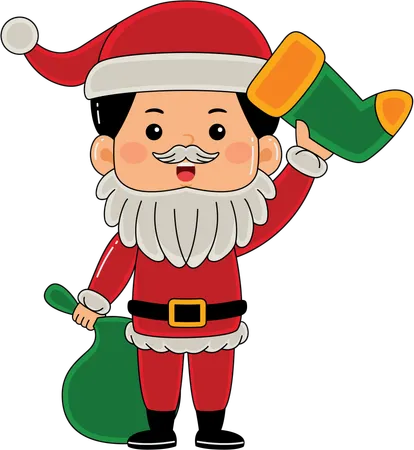 Santa showing winter sock and gift to kids  Illustration