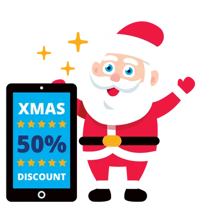 Santa showing x-mas online shopping discount on mobile screen  イラスト