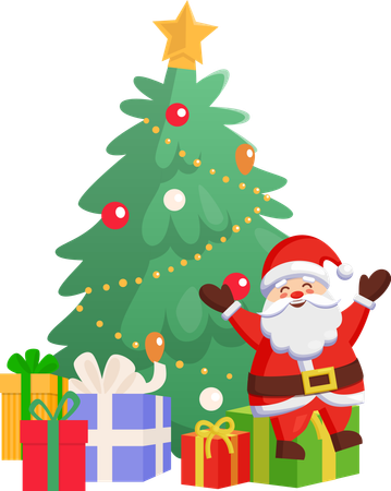 Santa Sitting on Gift Box near Fir-tree Vector  Illustration