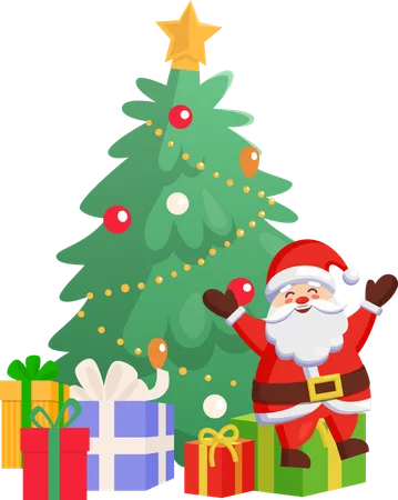 Santa Sitting on Gift Box near Fir-tree Vector  Illustration