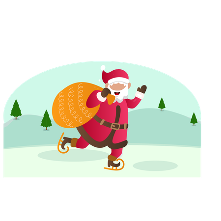 Santa skating with gift bag  Illustration